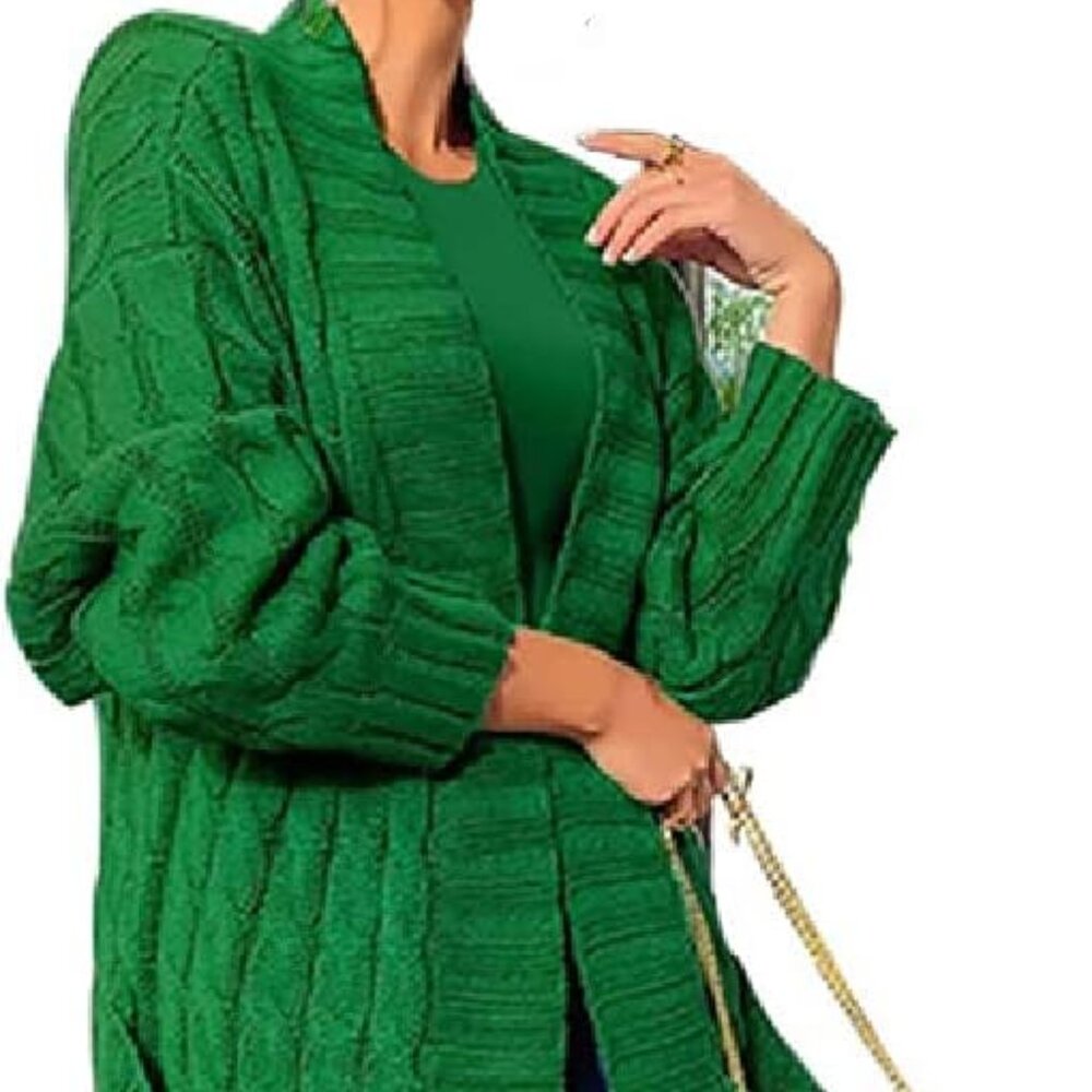 Green Chunky Cable Knit Long Cardigan Sweater Oversized S/M